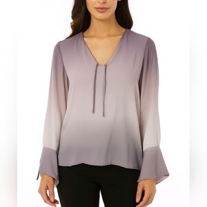 Ecru Blouse 100% Silk Lilac Ombre Long Sleeve Silver Beaded Flare Cuffs Size XS